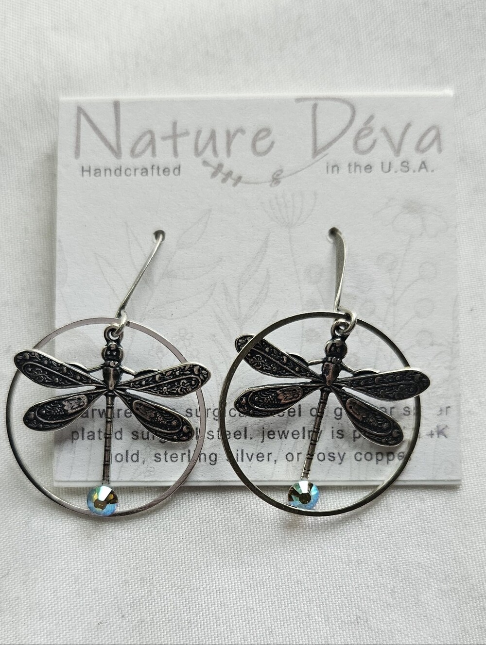 Nature Déva Handcrafted Dragonfly Dangle Earrings Silver Plated Crystal Bead